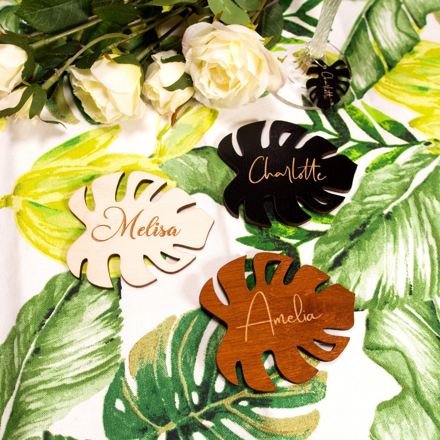 Monstera wedding place cards, Wood Name coasters, Rustic wedding favors, Wedding name place cards, Wooden coasters, wood coasters